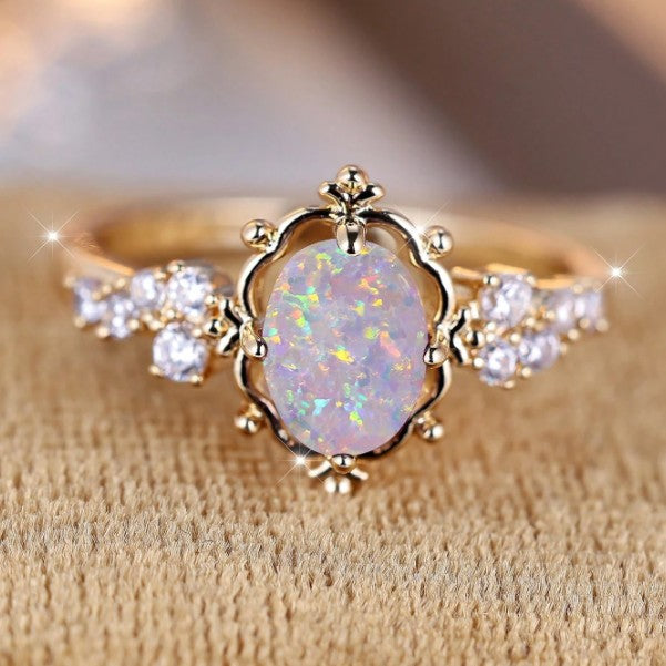 White Fire Opal Oval Stone Flower Ring
